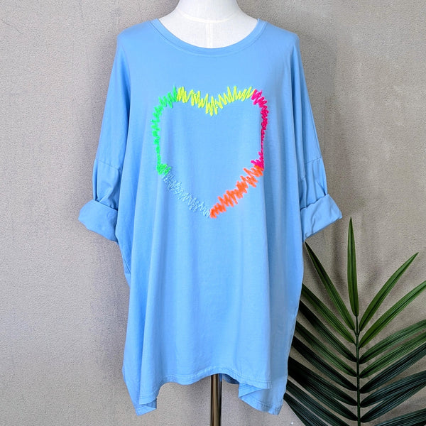 Roomy cotton jersey top with neon heart motif on front (M-L)