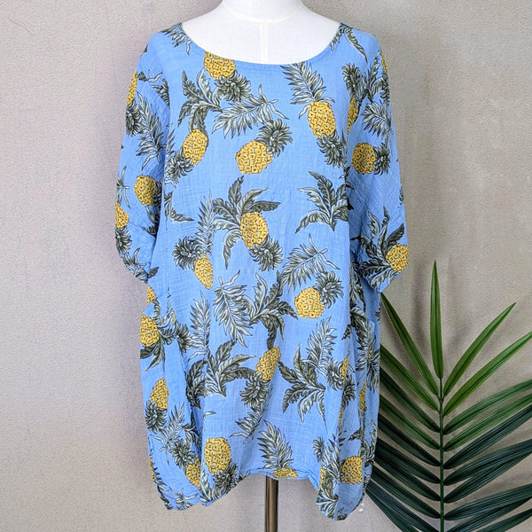 Roomy cotton mix top with pineapple print and pockets (L-XL)