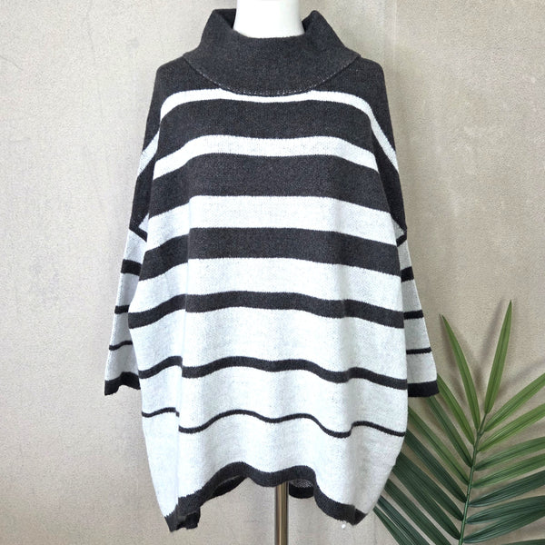 Roomy viscose mix striped hi-lo jumper with slight turtle neck