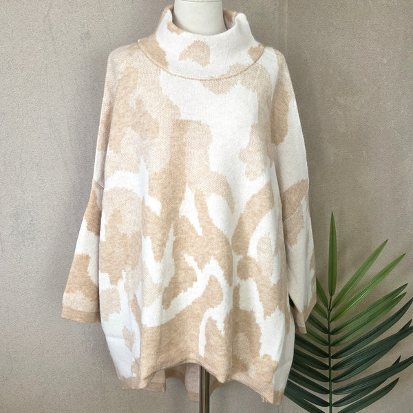 Viscose mix roomy subtle camo design jumper with slight turtle neck