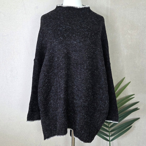 Roomy viscose mix hi-lo jumper with blanket edge detail