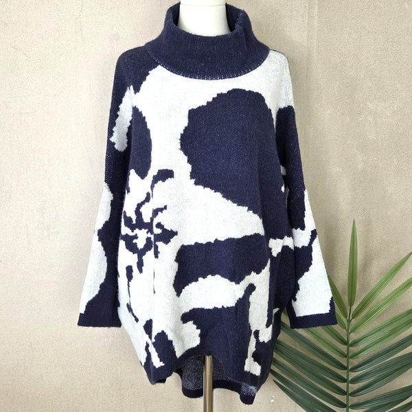 Roomy viscose mix abstract flower design jumper with slight turtle neck