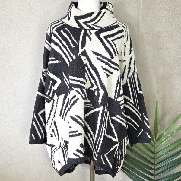 Roomy viscose mix geometric zig zag jumper with slight turtle neck