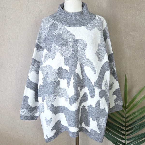 Viscose mix roomy subtle camo design jumper with slight turtle neck