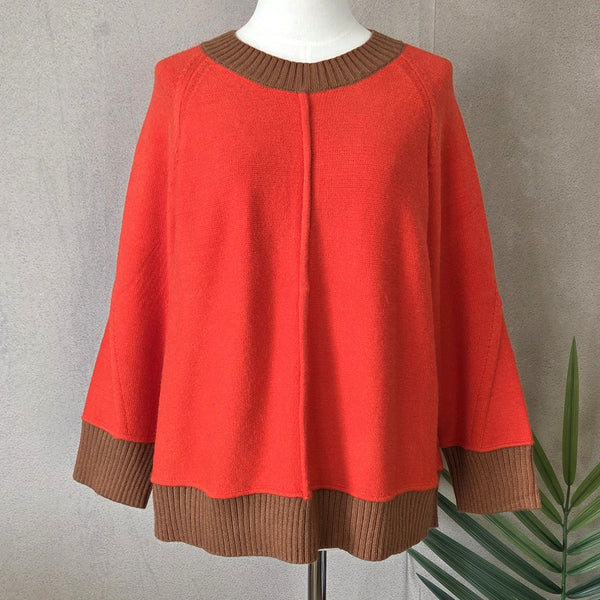 Viscose mix ribbed neck and sleeves block colour jumper