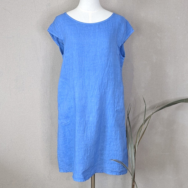 Pure linen dress with capped sleeves and pockets (M-L)
