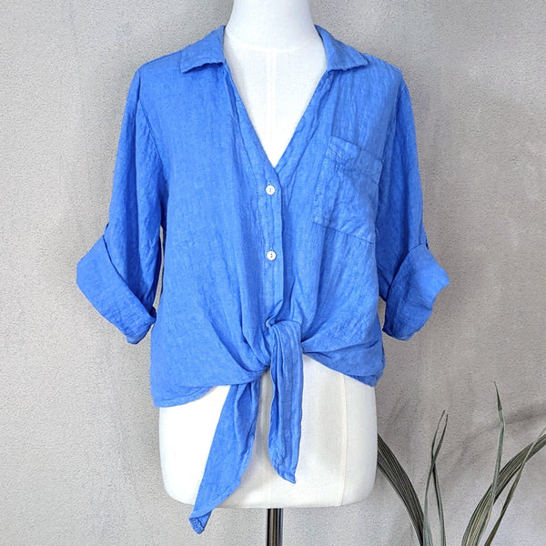 Pure linen cropped tie top with pocket (S-M)