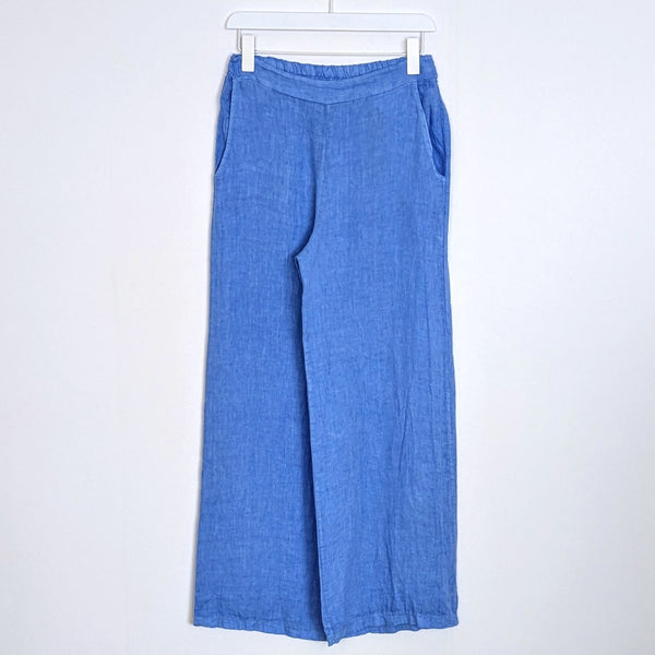 Pure linen straight leg trousers with half elasticated waist and pockets (M-L)