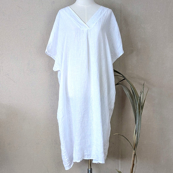 Linen tunic style dress with short sleeves and pockets (M-L)