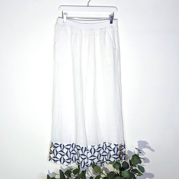 Wide leg linen trousers with side pockets and geometric detail (M-XL)