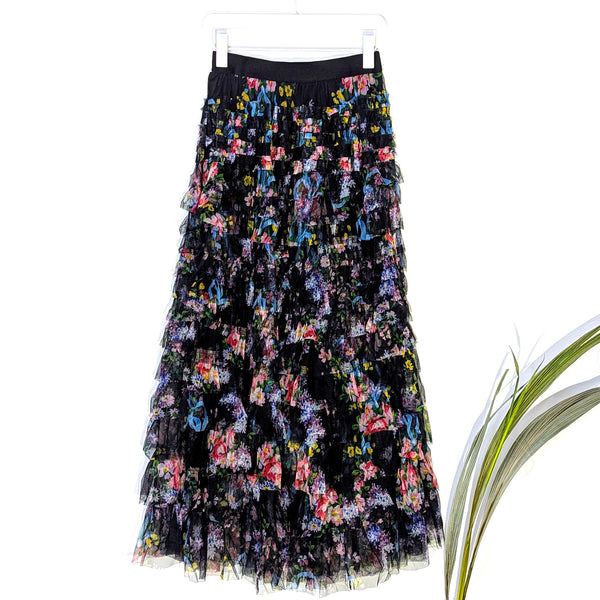 Tiered floral mesh long skirt with fitted upper section