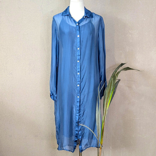 Silk shirt dress with mother of pearl buttons and comfy undergarment