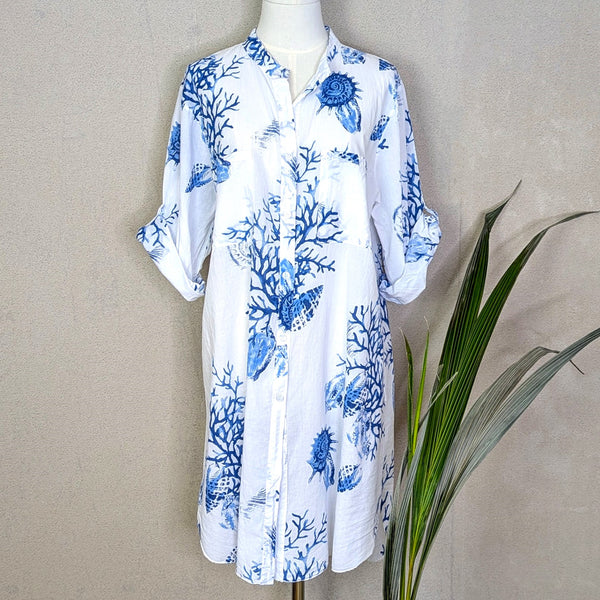 Coral and shells print longline cotton collarless shirt (M-L)