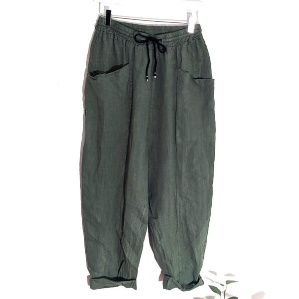 Plain linen low crotch trousers with front pockets (M)