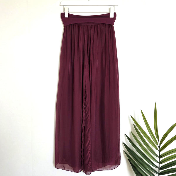 Straight leg silk blend pants with stretchy jersey waist band
