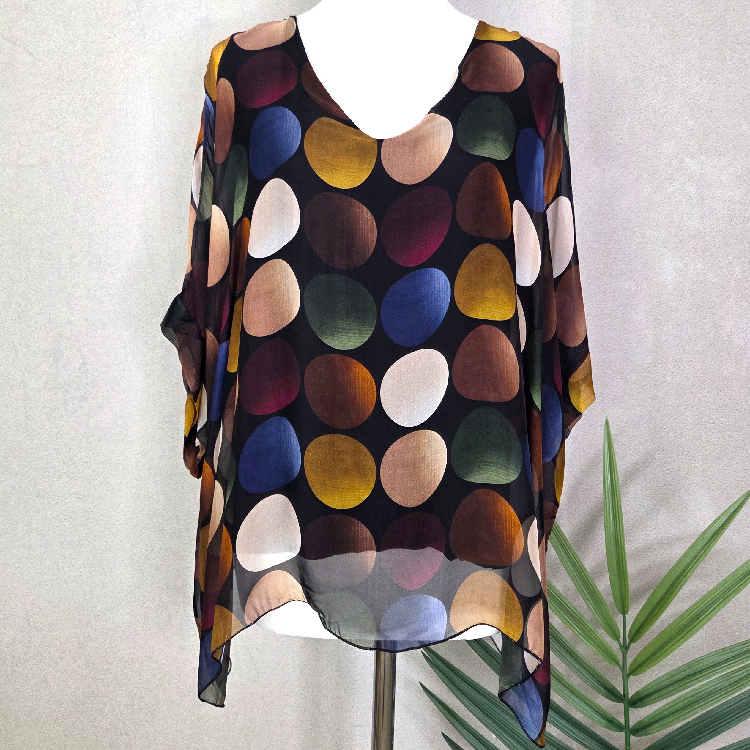 Silk blend free size top with retro shaded spot digital print design ...