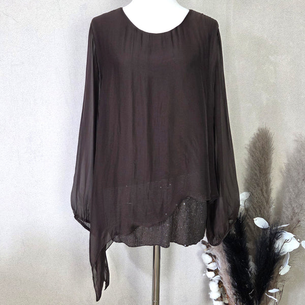 Silk blend a-symmetric style top with subtle sequin detail and elasticated sleeves (M)