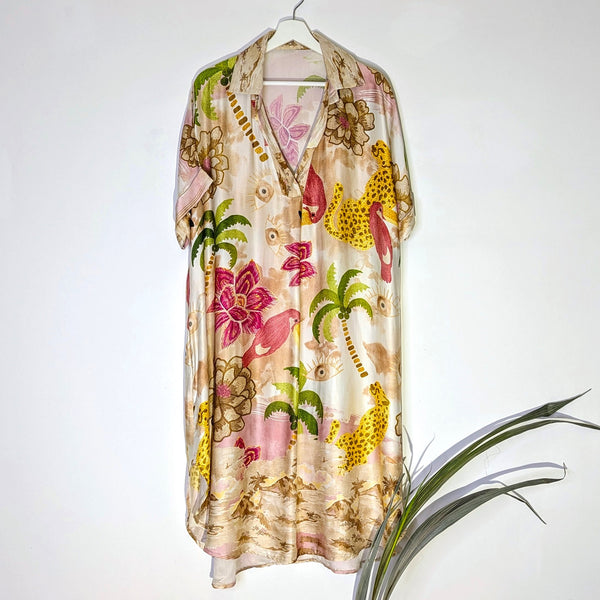 Luxe silk viscose blend cover up style dress with exotic island and eyes print (M-L)