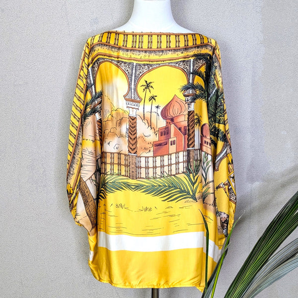 Silk viscose blend free size top with Arabian 'Christian Dior' style print and elasticated sleeves