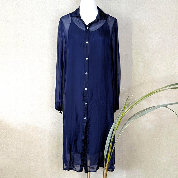 Silk shirt dress with mother of pearl buttons and comfy undergarment