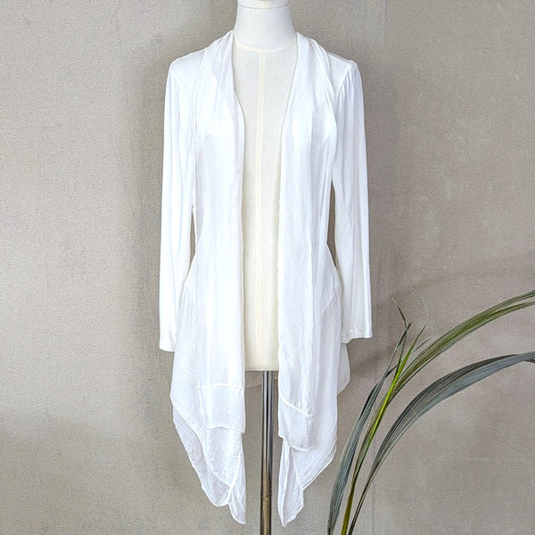 Silk blend waterfall lapel overtop