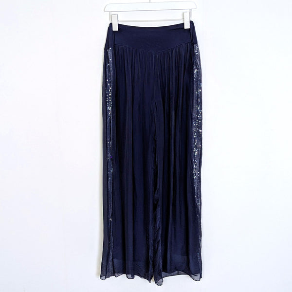 Silk blend straight leg trousers with comfortable under garment and subtle sequin detail on side (M-L)