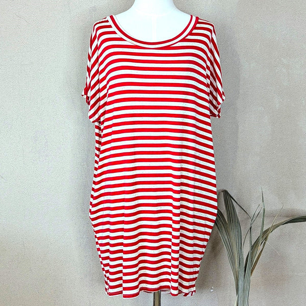 Stretchy viscose roomy slight hi-lo stripey long top or dress with pockets (M-L)