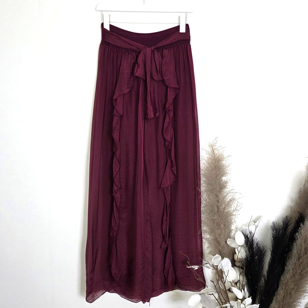 Silk blend straight leg trousers with central frill detail and jersey waist band (M)