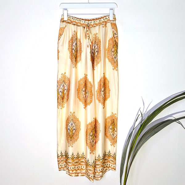Luxe silk viscose blend straight leg pants with royal Indian print and pockets