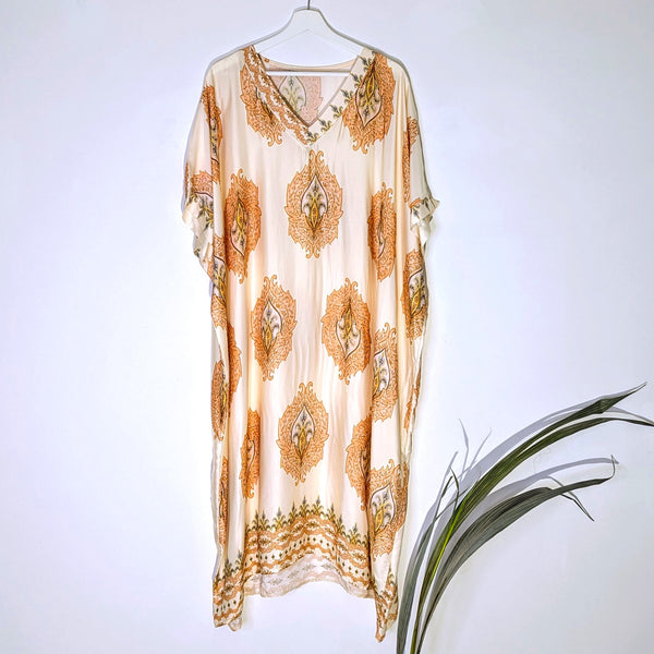 Luxe silk viscose blend long V-neck cover up style dress with royal Indian print