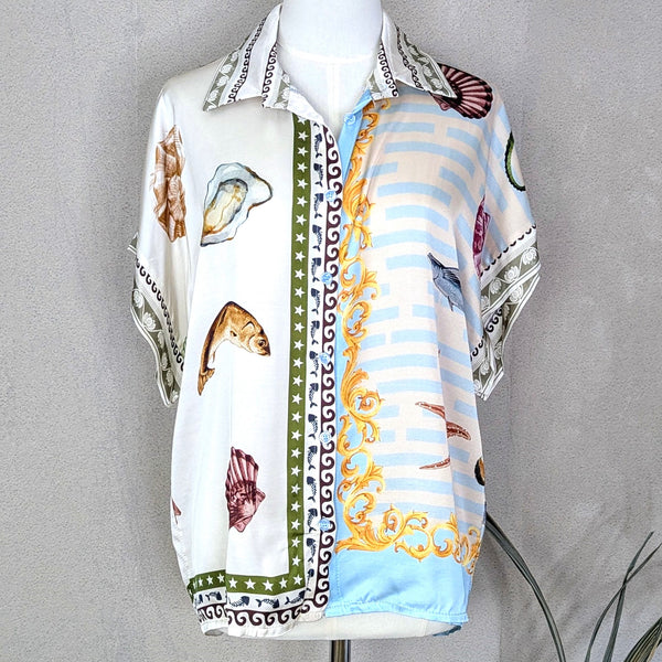Luxe silk viscose fabric top with Capri style sea life print (M)