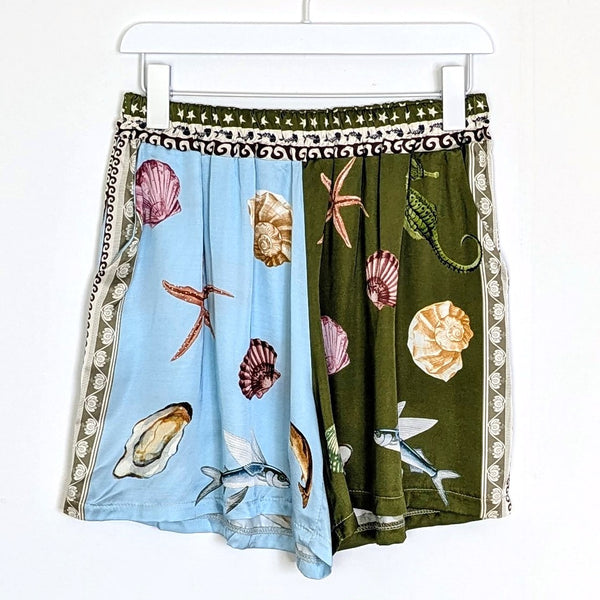 Luxe silk viscose mix fabric shorts with Capri style sea life print and pockets (M-L)