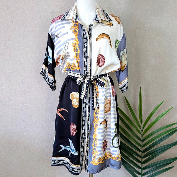 Luxe silk viscose fabric shirt dress with Capri style sea life print and tie belt (M)