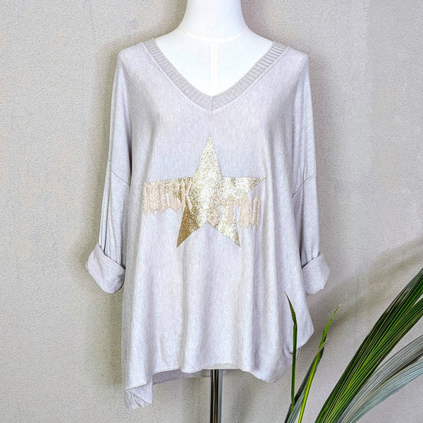Cosy ribbed V-neck top with golden 'Rock Star' motif (M)