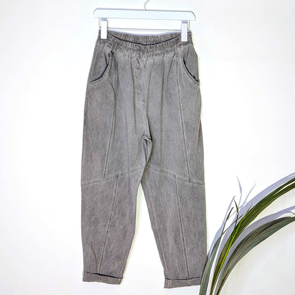 Relaxed super stretch vintage wash trousers with elasticated waist with front and back pockets
