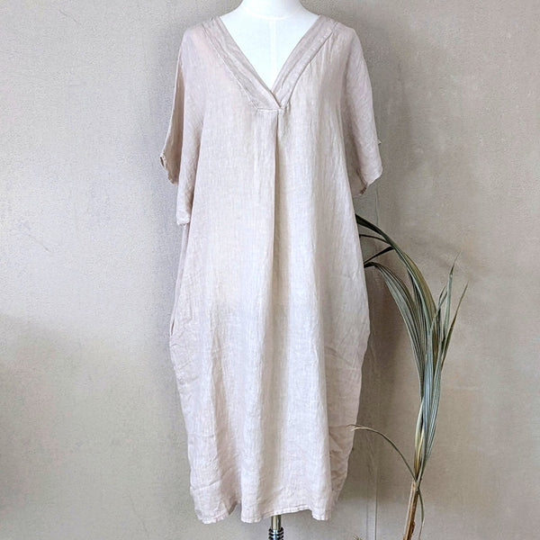 Linen tunic style dress with short sleeves and pockets  (M-L)