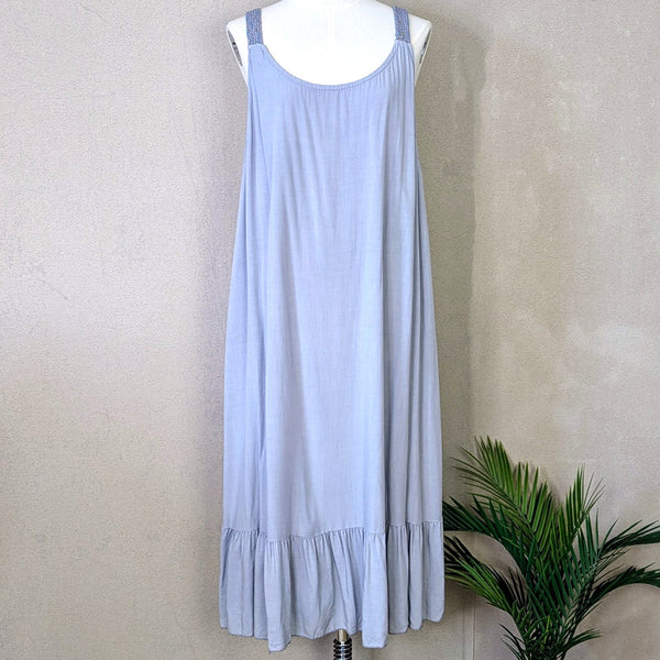 Mid length viscose summer dress with subtle metallic and woven straps with frill hem (M)