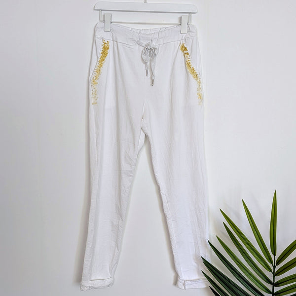 Super stretch trousers with gold brush stroke detail on pockets (M-L)