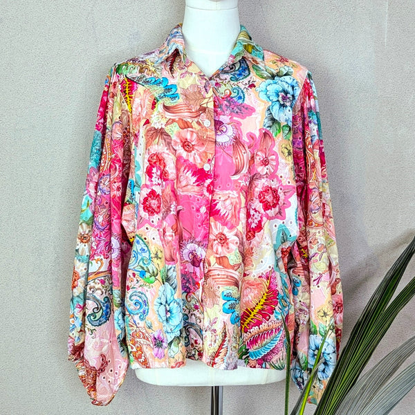Embroidery anglaise flower print 70's style cotton shirt with elasticated balloon sleeves