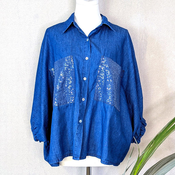 Cotton shirt with subtle sequin large patch pocket detail