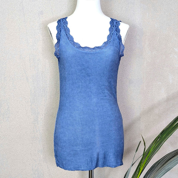 Vintage wash ribbed vest top with lace panel back detail (S-M)