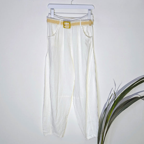 Pure linen relaxed trousers with luxe stretchy woven belt