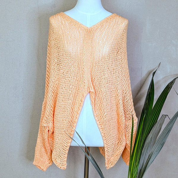 Loose knit slouchy hi-lo V-neck top