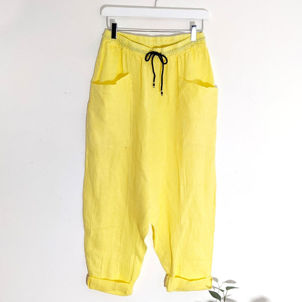Plain linen low crotch trousers with front pockets (M)