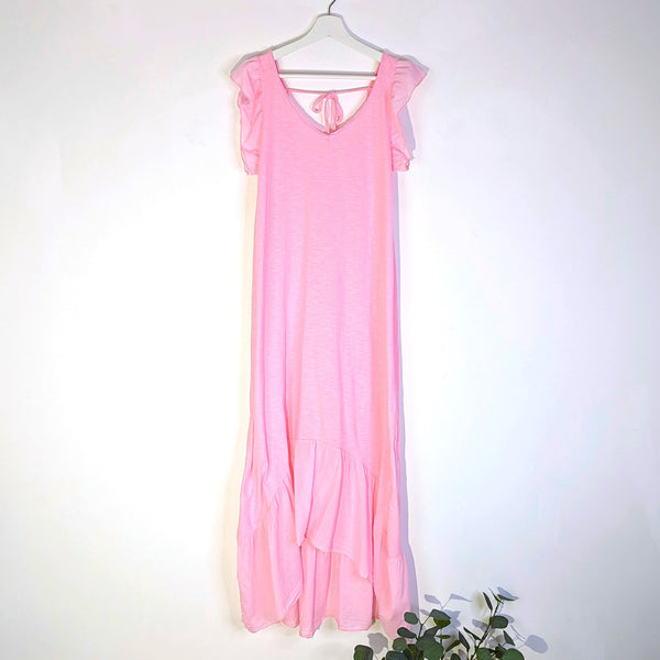 Vintage wash cotton hi-lo dress with frill sleeves and hem with tie back (S-M)