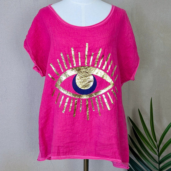 Linen front jersey back top with golden hot print eye motif (M)
