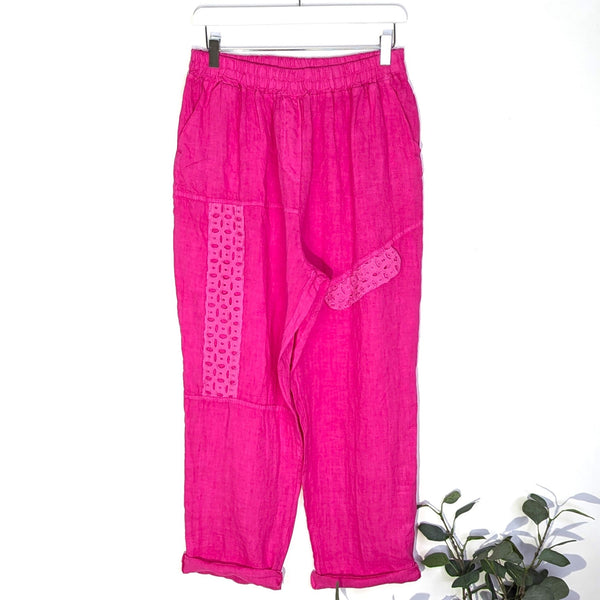Linen trousers with embroidery anglaise elements on directional stitching with pockets (M-XL)