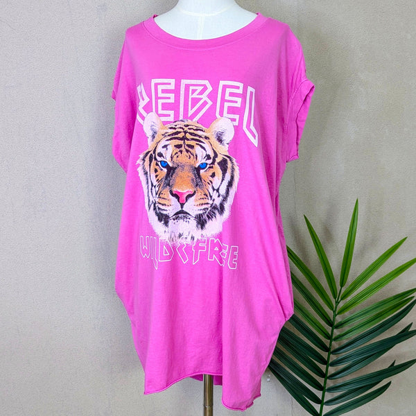 Rebel Tiger print free size jersey top with pockets (M-L)