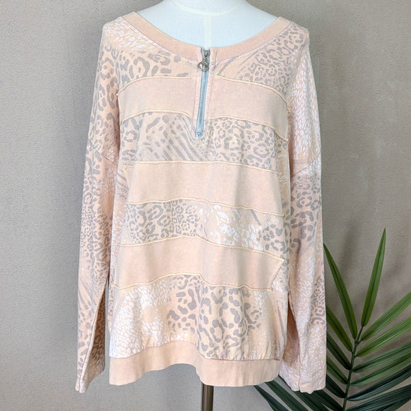 Animal fusion print top with horizontal stitching detail and zip neck (M)