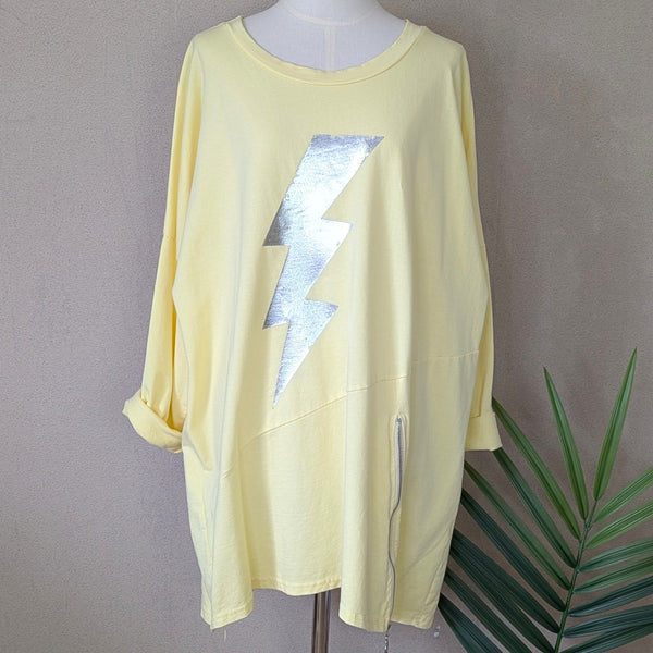 Flash bolt motif silver hot print top with horizontal zip element (L-XL)